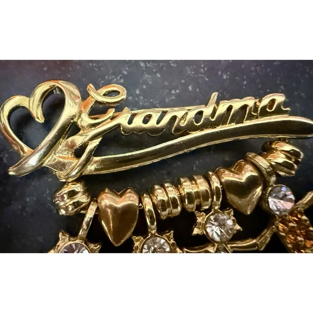 2 Vintage K.I.S. Grandma Gold Tone Brooch Pins Grandchildren Rhinestone Lot